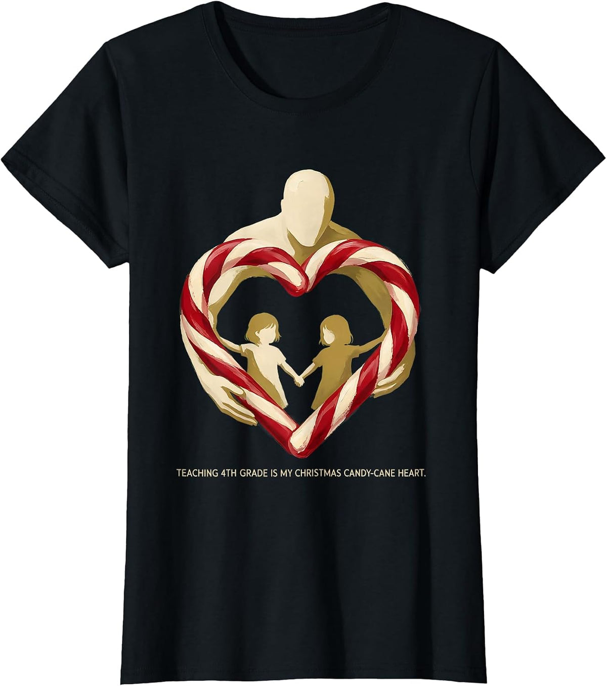 Teaching 4th Grade Is My Christmas Candy-Cane Heart Teacher T-Shirt - Black