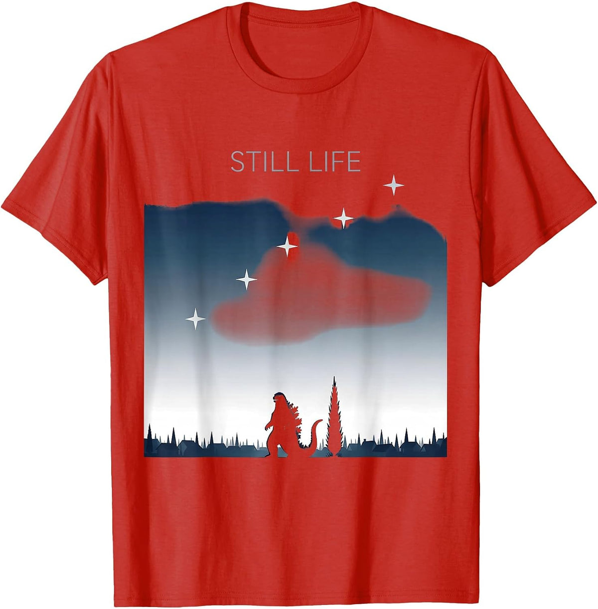 Men's Still Life Minimalist Kaiju Van Gogh Starry Night Art Parody T-Shirt - Red