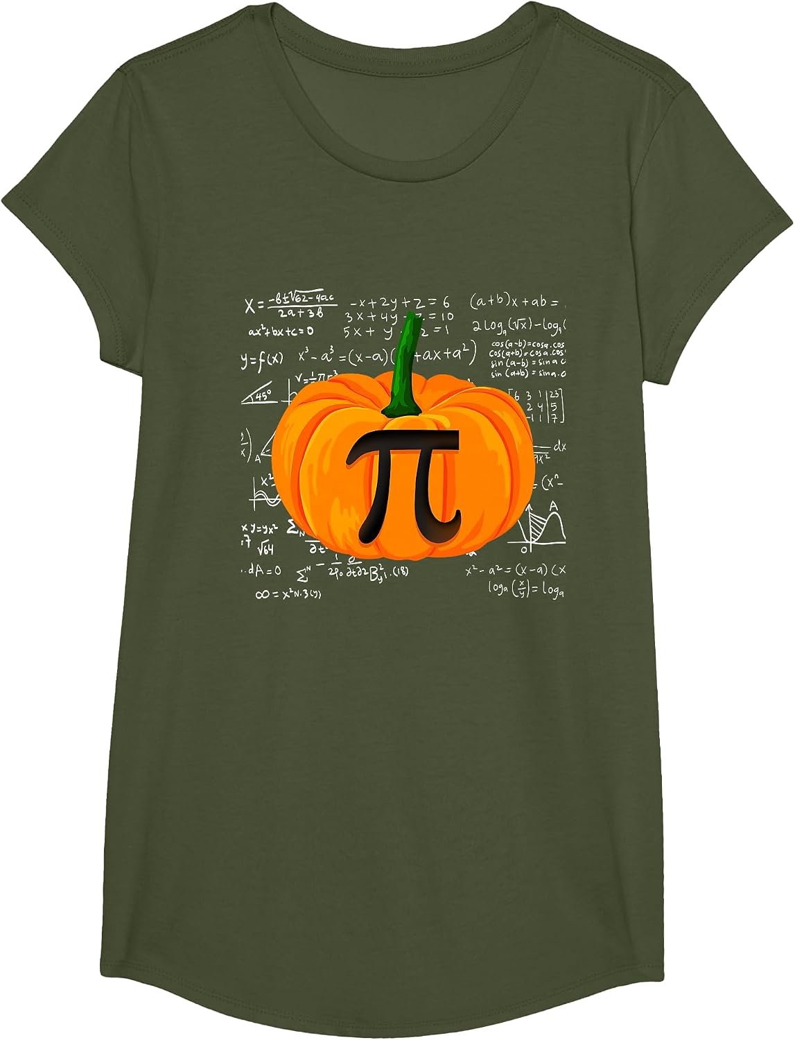 Pumpkin Pie Math Funny Halloween Thanksgiving Pi Day T-Shirt - Girls Olive Green