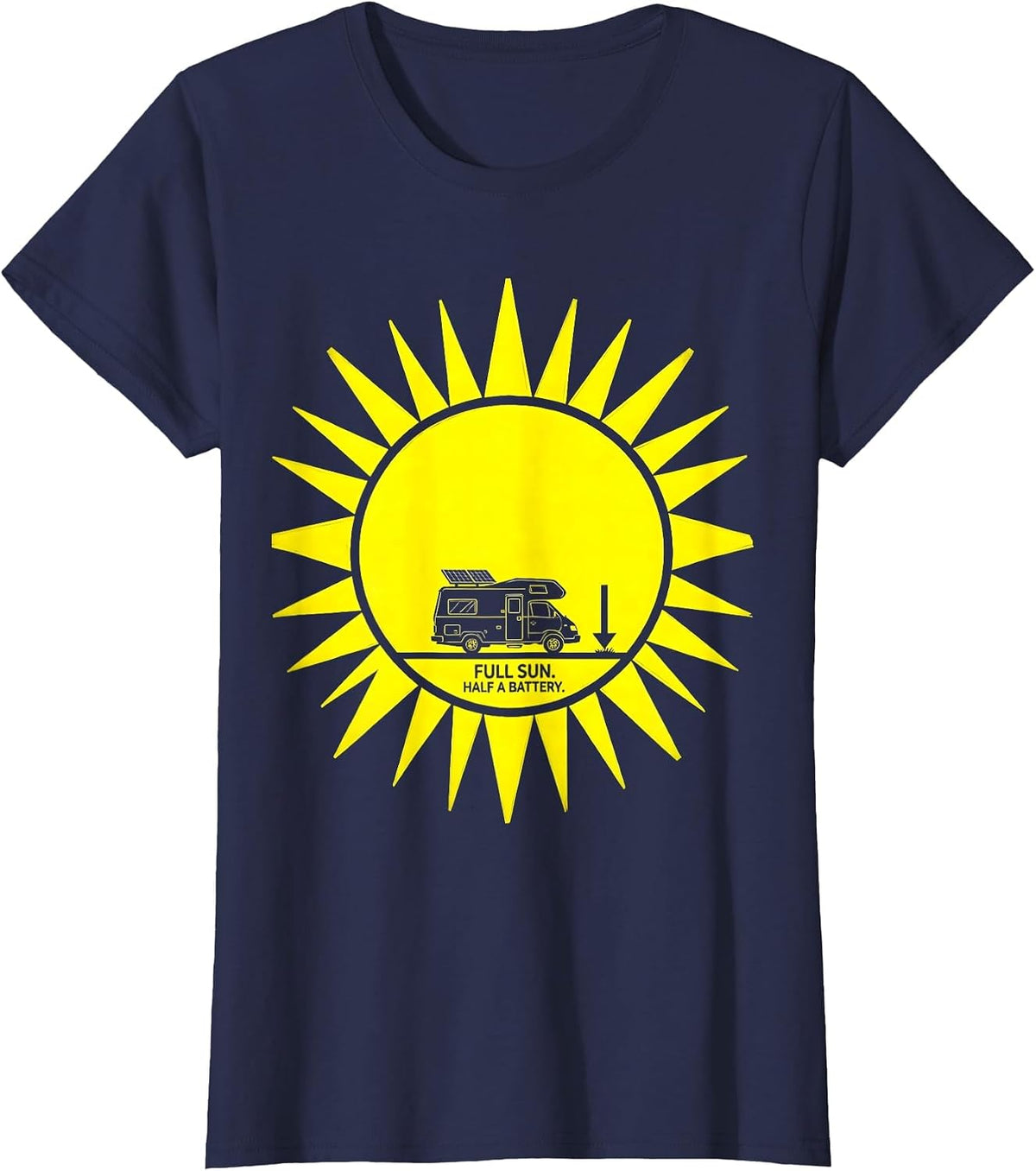 Women's Full Sun Half A Battery Retro Van Life Nomad Travel Pride T-Shirt - Navy Blue