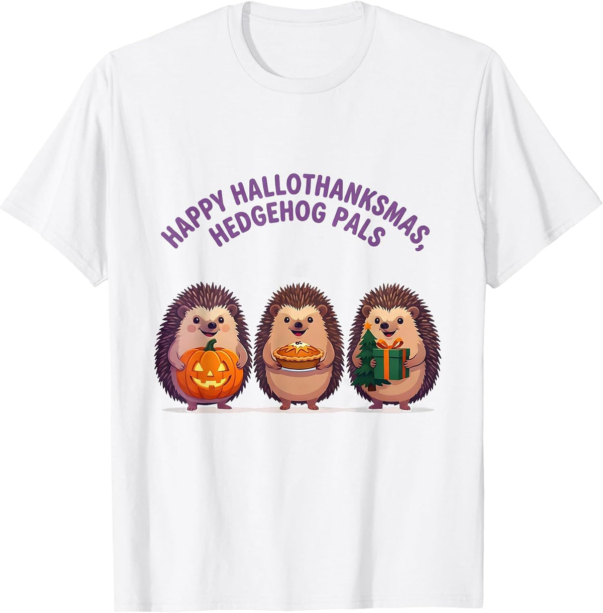 Happy Hallothanksmas Hedgehog Pals Whimsical Tri-Holiday T-Shirt - White