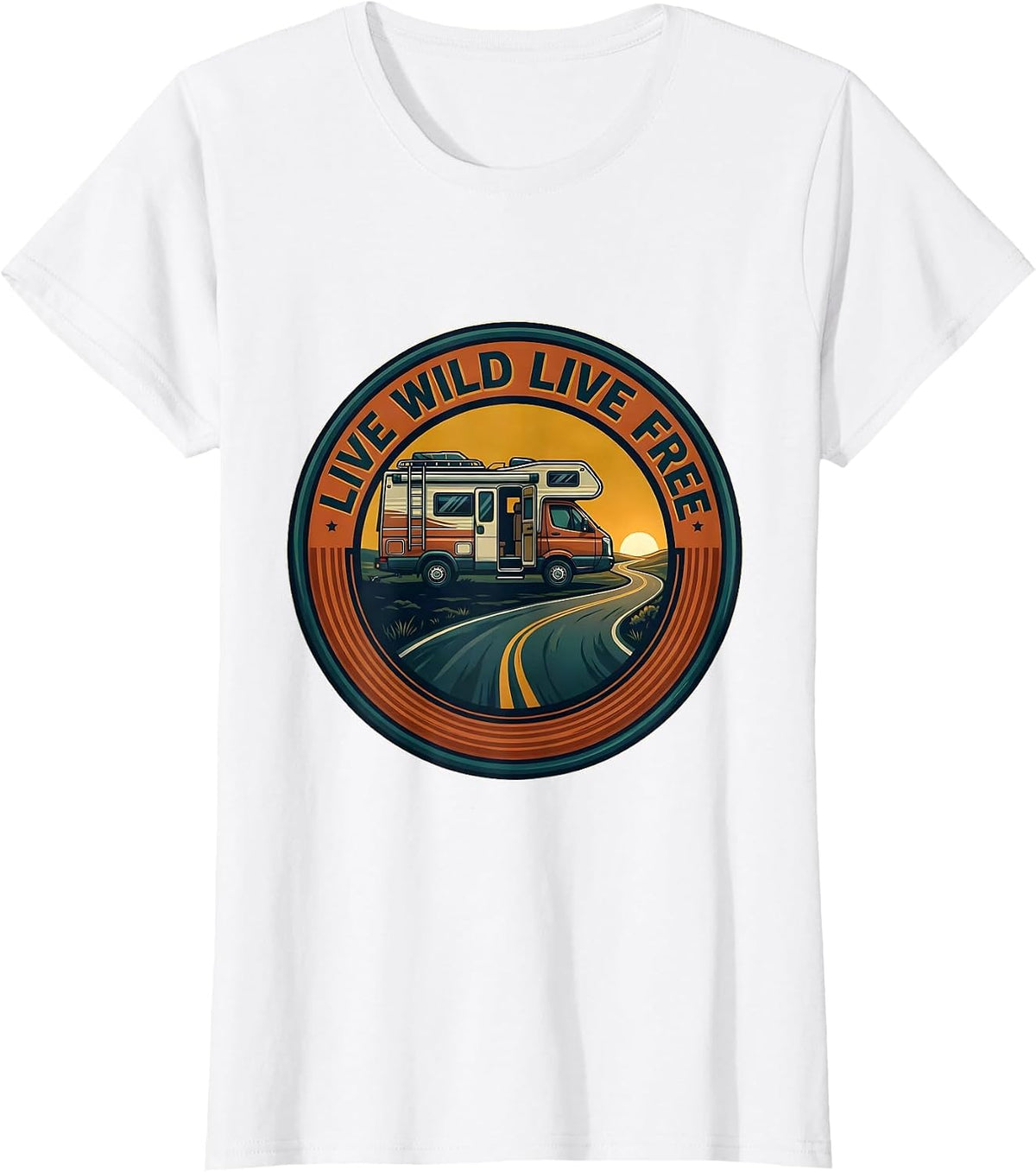 Women's Live Wild Live Free Vintage Van Life Nomad Road Trip Emblem T-Shirt - White