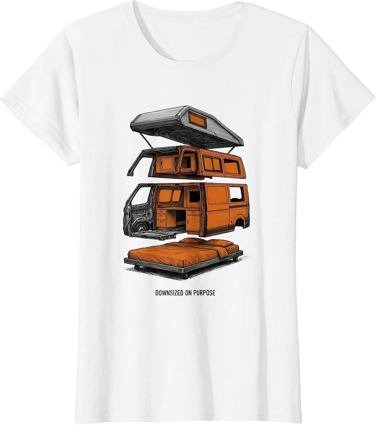 Women's Downsized On Purpose Retro Van Life Nomads Camper Van T-Shirt - White