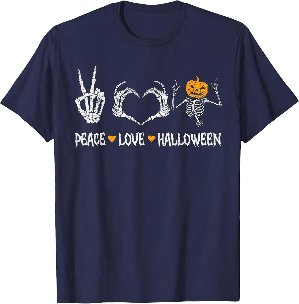 Peace Love Halloween Pumpkin Skeleton Spooky Men Women Kids T-Shirt - Navy Blue