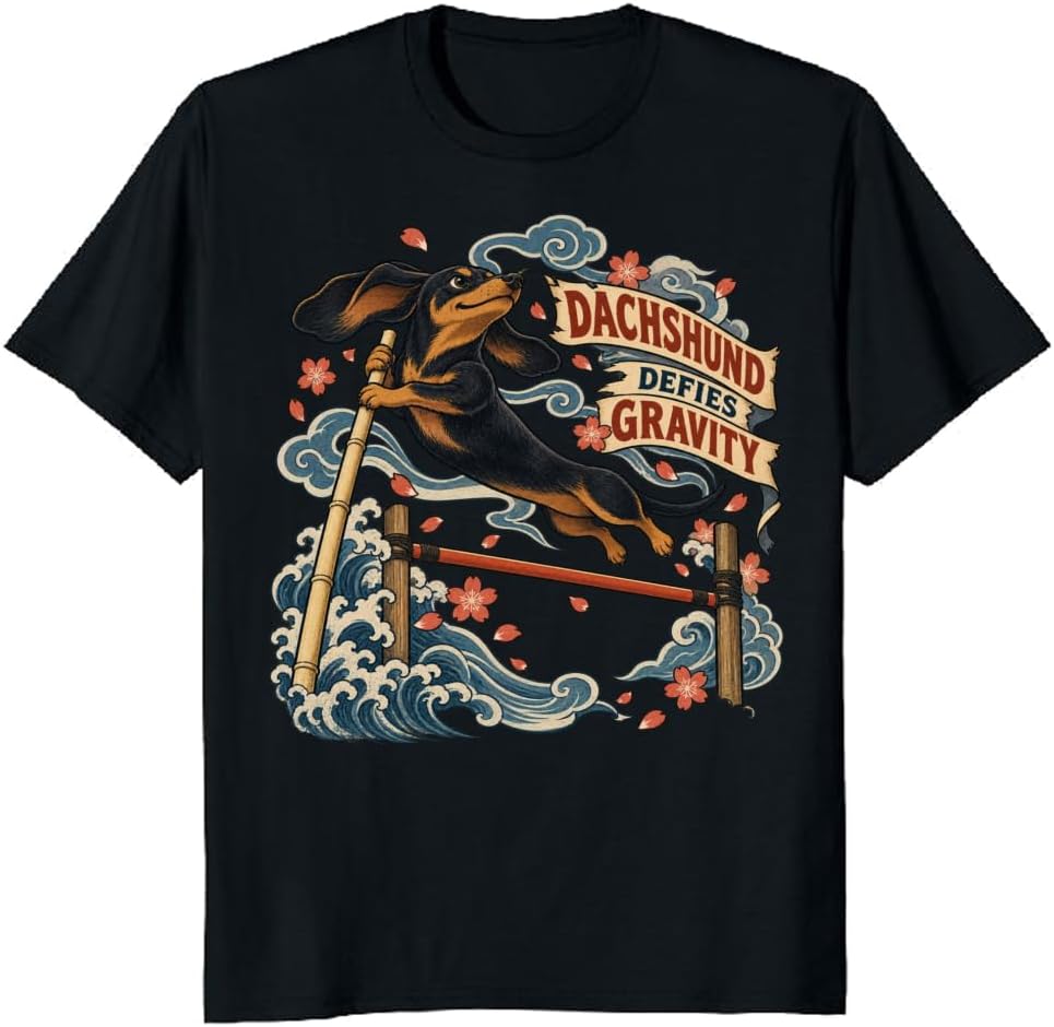 Ukiyo-e Dachshund Pole Vault T-Shirt Dog Lover Graphic Tee - S7
