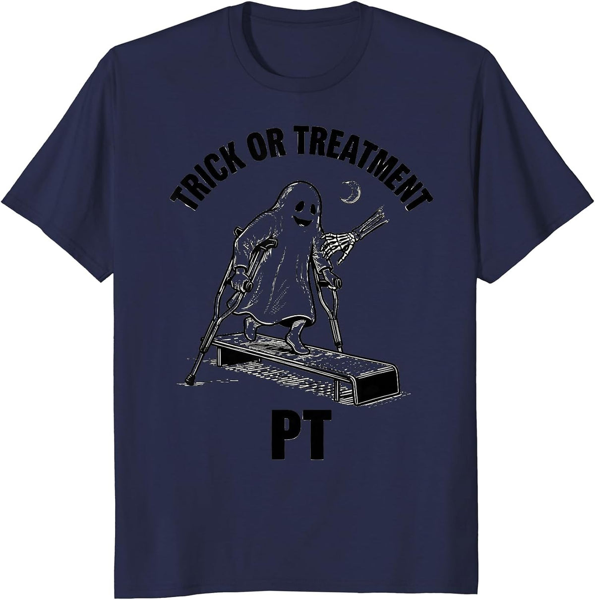 Trick Or Treatment PT Funny Physical Therapy Halloween Ghost T-Shirt - Navy Blue