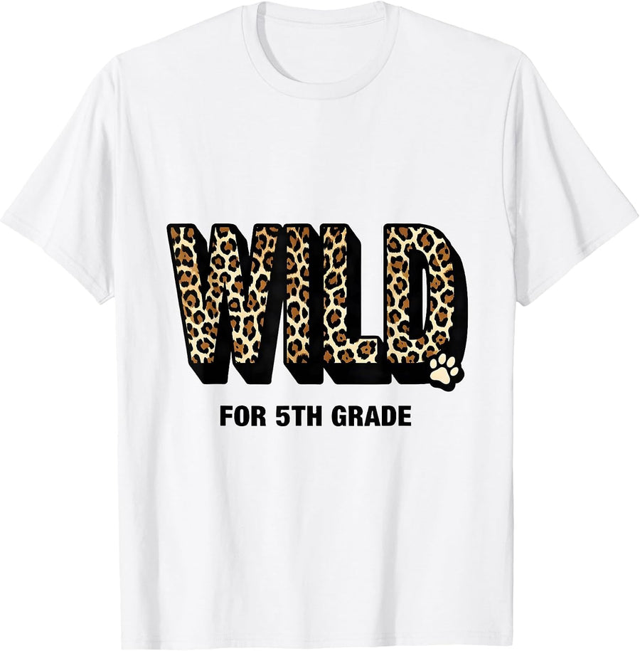 Men's Wild For 5th Grade Leopard Print Teacher Back To School T-Shirt - White
