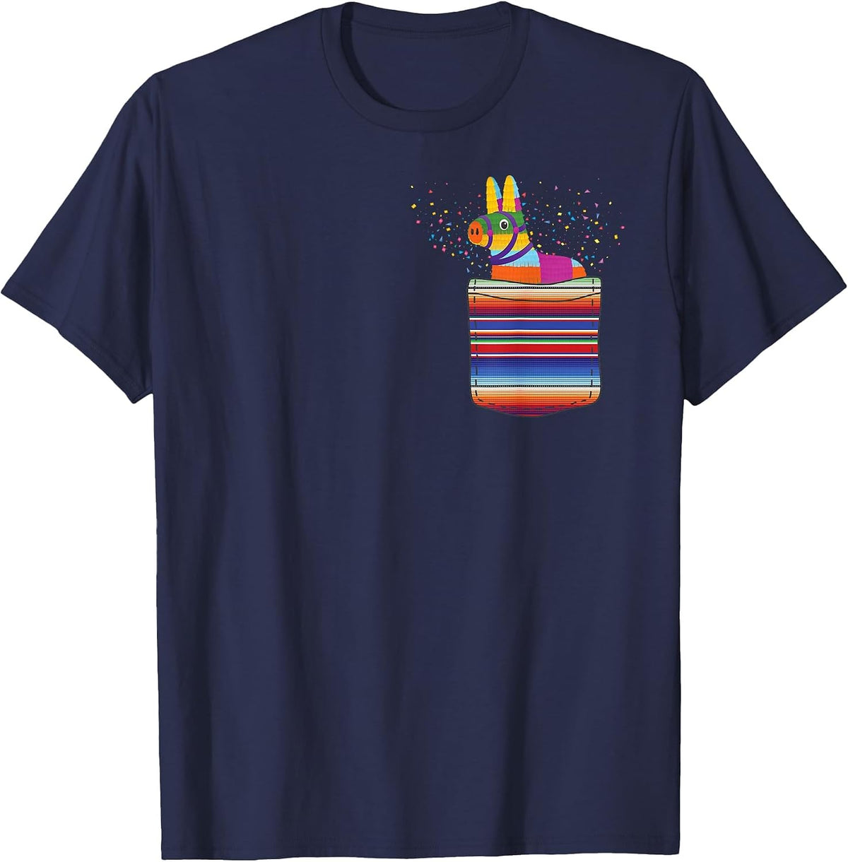 Pinata Pocket Mexican Serape Blanket Fiesta Party T-Shirt Tees - Navy Blue