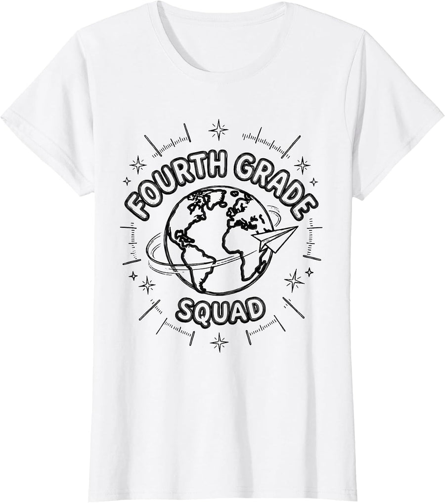 Women's Fourth Grade Squad Line Art Back To School Teacher Student T-Shirt - White
