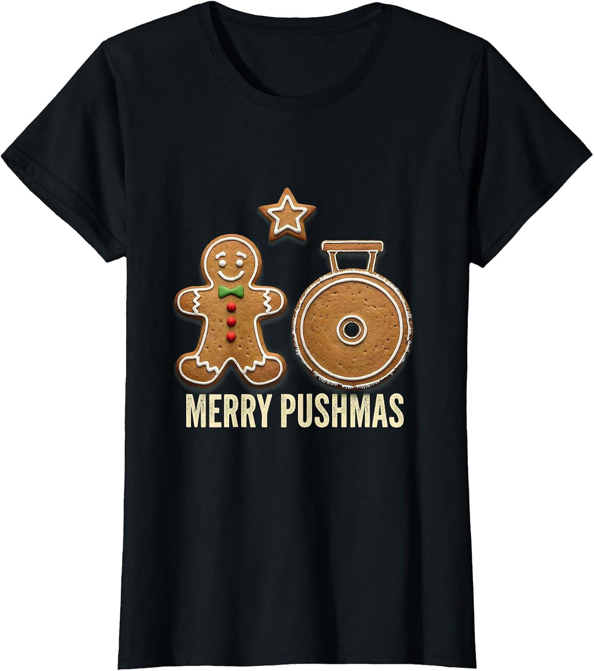 Merry Pushmas Rubber Stamp Gingerbread Cookie Weightlifting T-Shirt - Black
