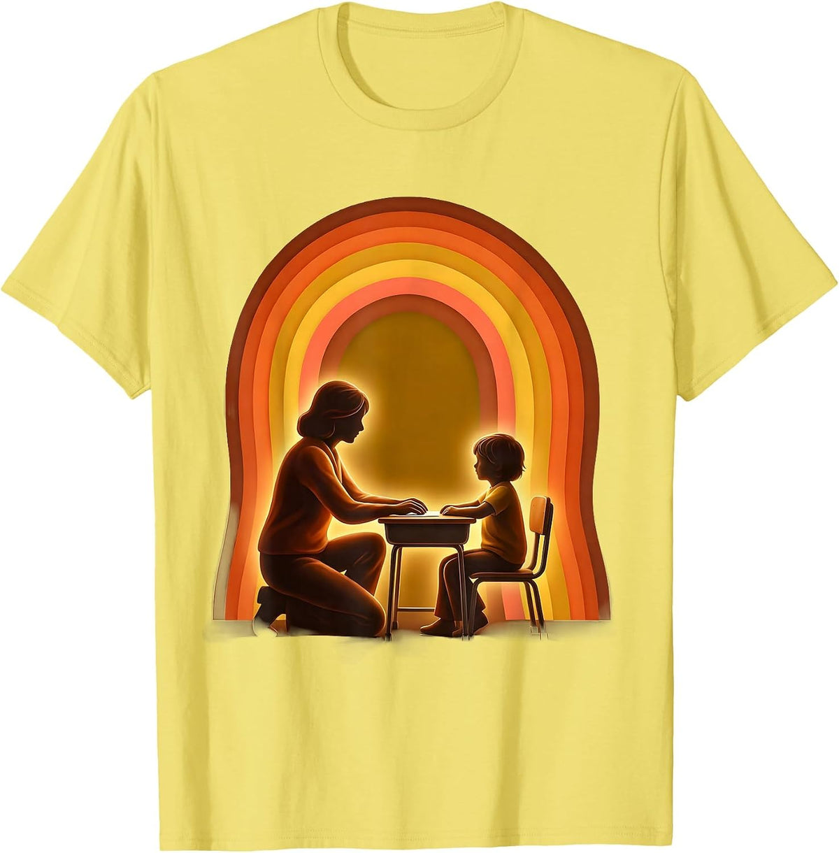 Men's Paraprofessional Aide Kneeling at Student Desk T-Shirt - Lemon Yellow