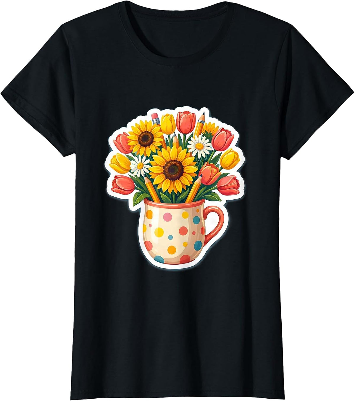 Friyay Teacher Floral Pencil Cup Illustration T-Shirt - Black