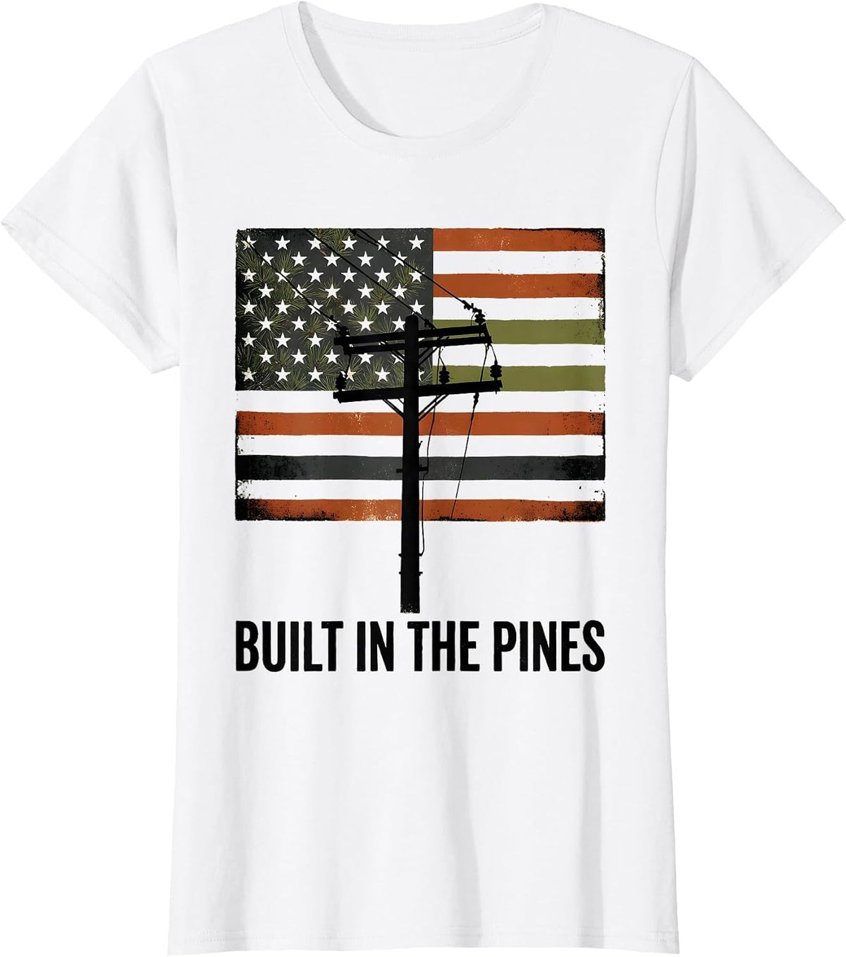 BUILT IN THE PINES Distressed US Flag Lineman Silhouette T-Shirt - White