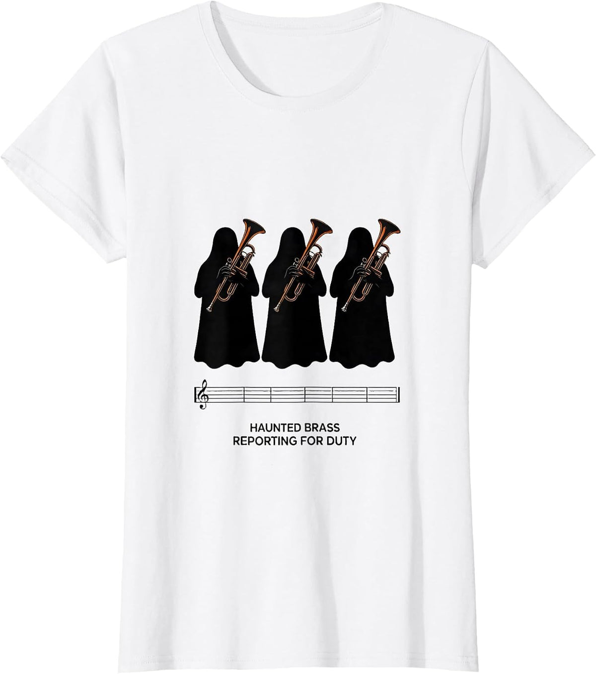 Haunted Brass Reporting For Duty Minimalist Ghost Musician T-Shirt - White