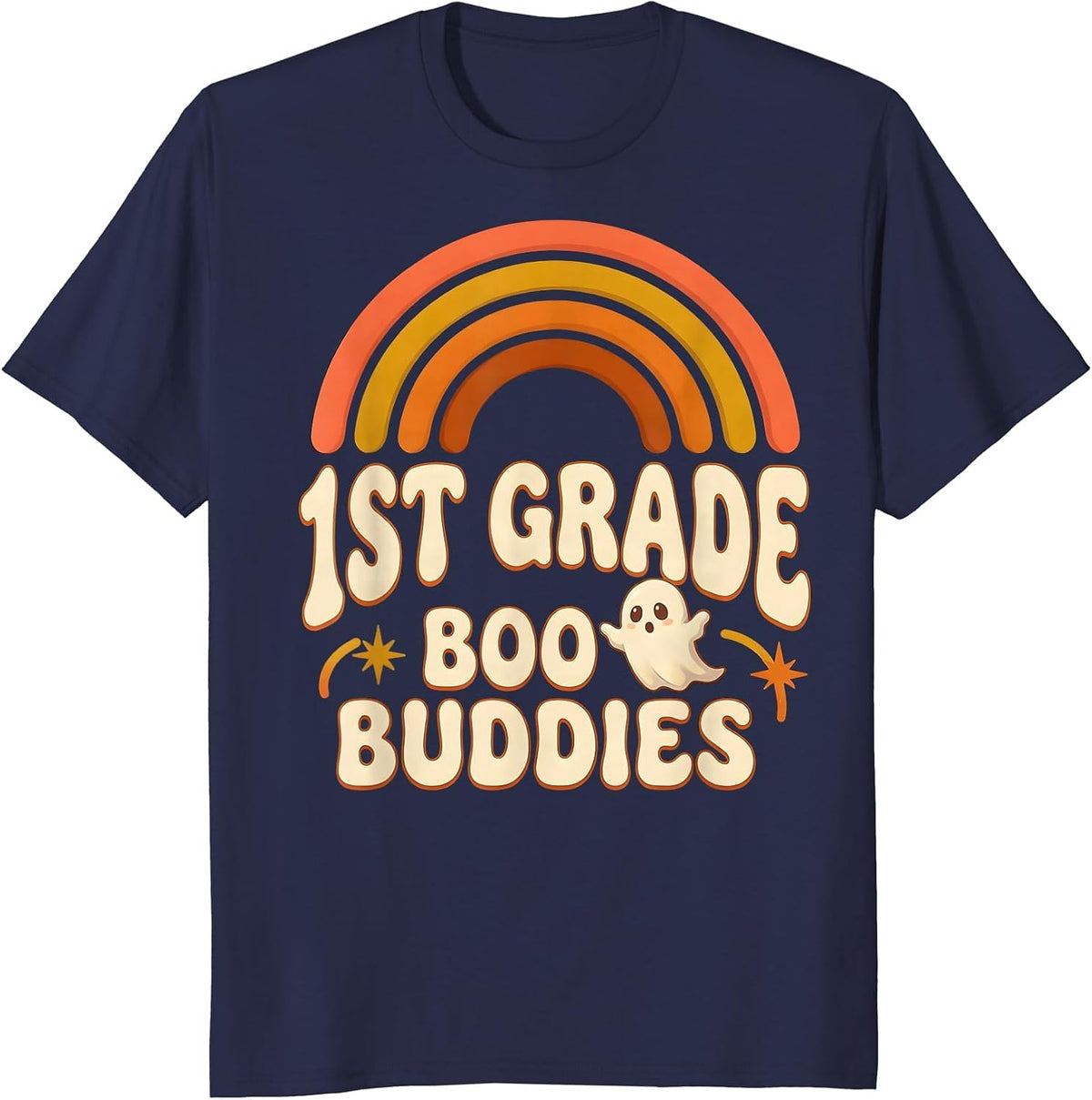 1st Grade Boo Buddies Retro 70s Halloween Teacher Kids T-Shirt - Navy Blue