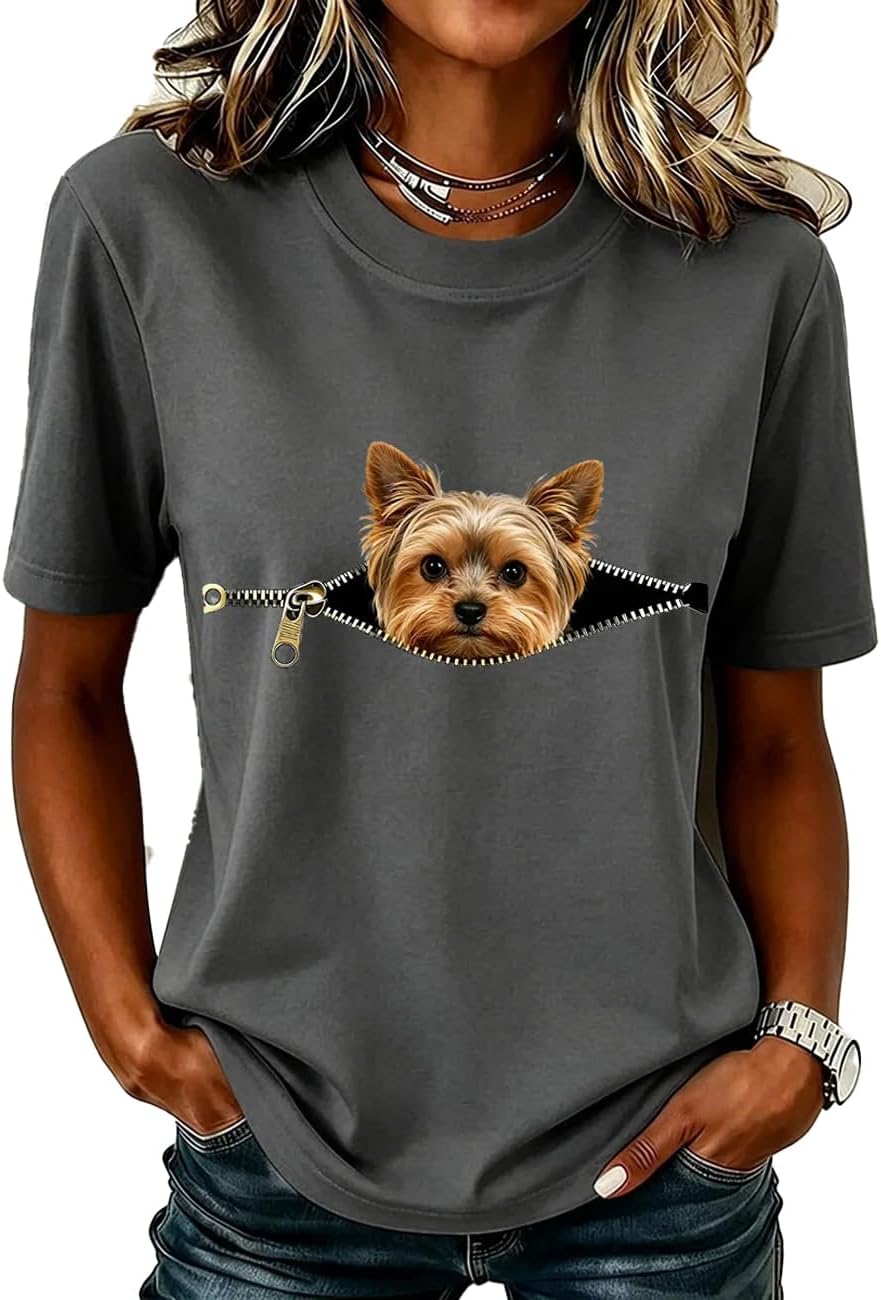 Women's Funny Lovely Yorkshire Terrier Zipper Animal Lovers Printed T-Shirt - Gray