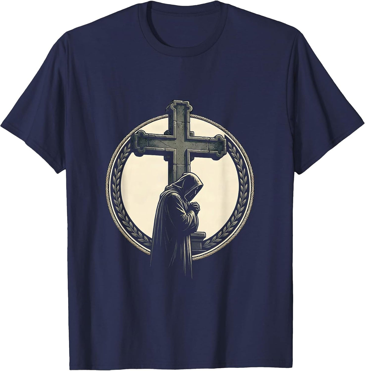 Hooded Figure Stone Cross Faith Graphic T-Shirt - Navy Blue