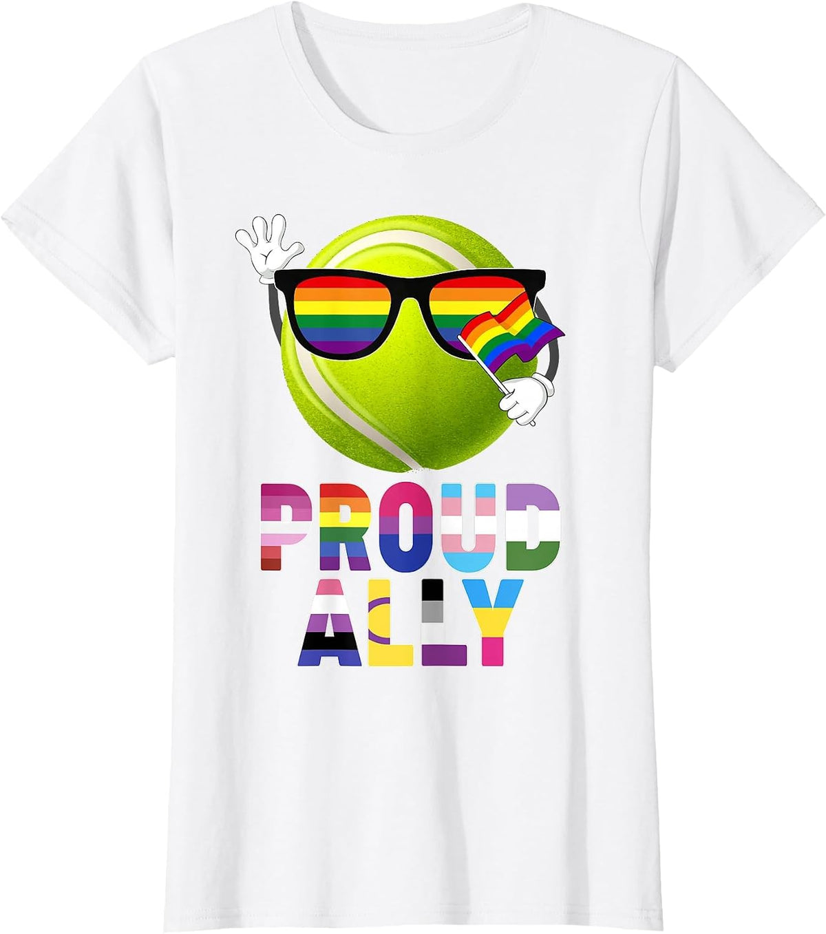 Proud Ally Tennis Ball Rainbow Flag Gay Lesbian LGBT Pride T-Shirt - White