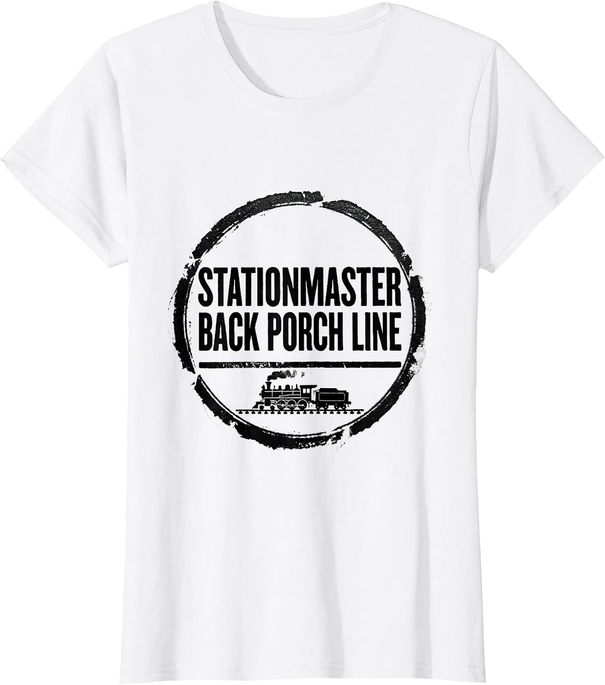 Women's Stationmaster Back Porch Line Vintage Steam Train Enthusiast T-Shirt - White
