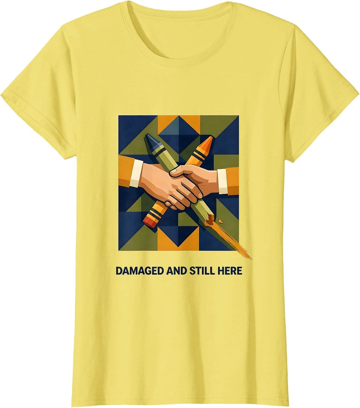 Damaged And Still Here Quilt Patchwork Mental Health T-Shirt - Lemon Yellow