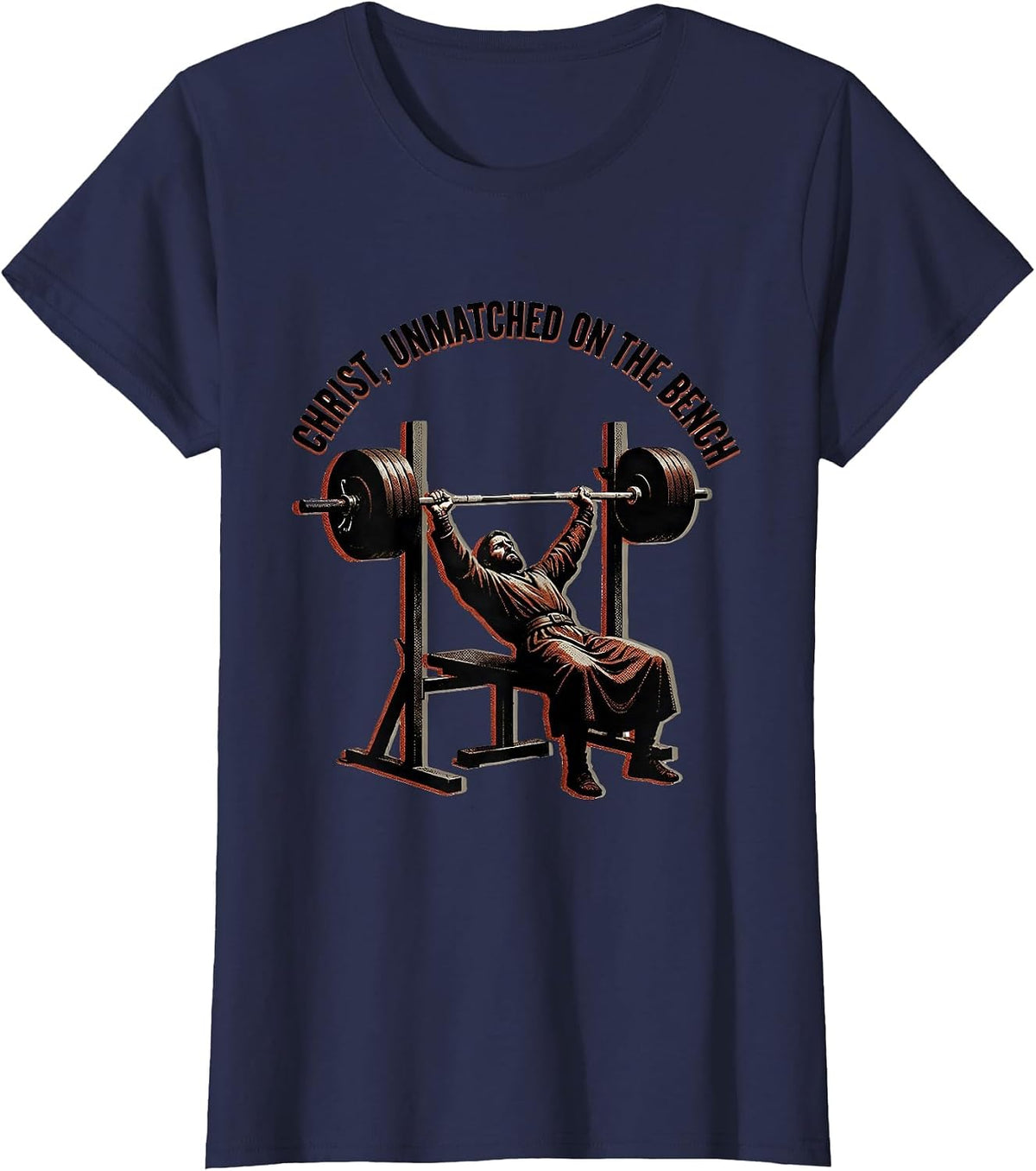Women's Christ, Unmatched On The Bench Funny Christian Gym T-Shirt - Navy Blue