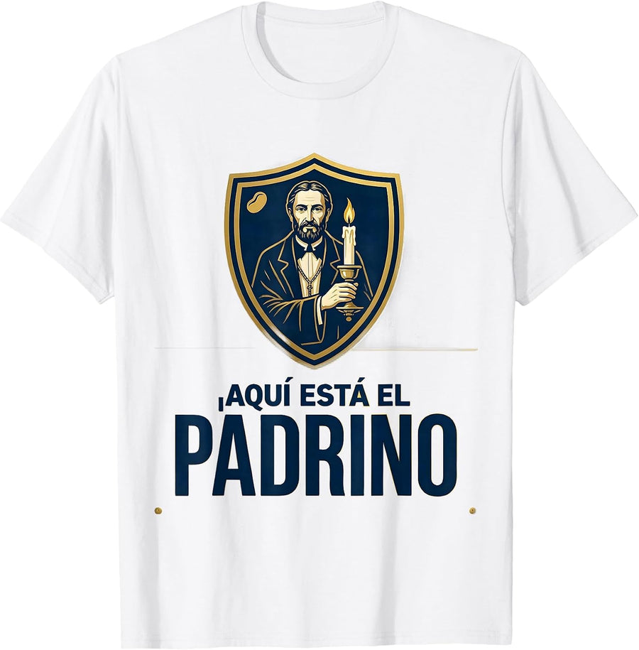 Men's ¡Aquí Está El Padrino! Mexican Bingo Family Role Humor T-Shirt - White