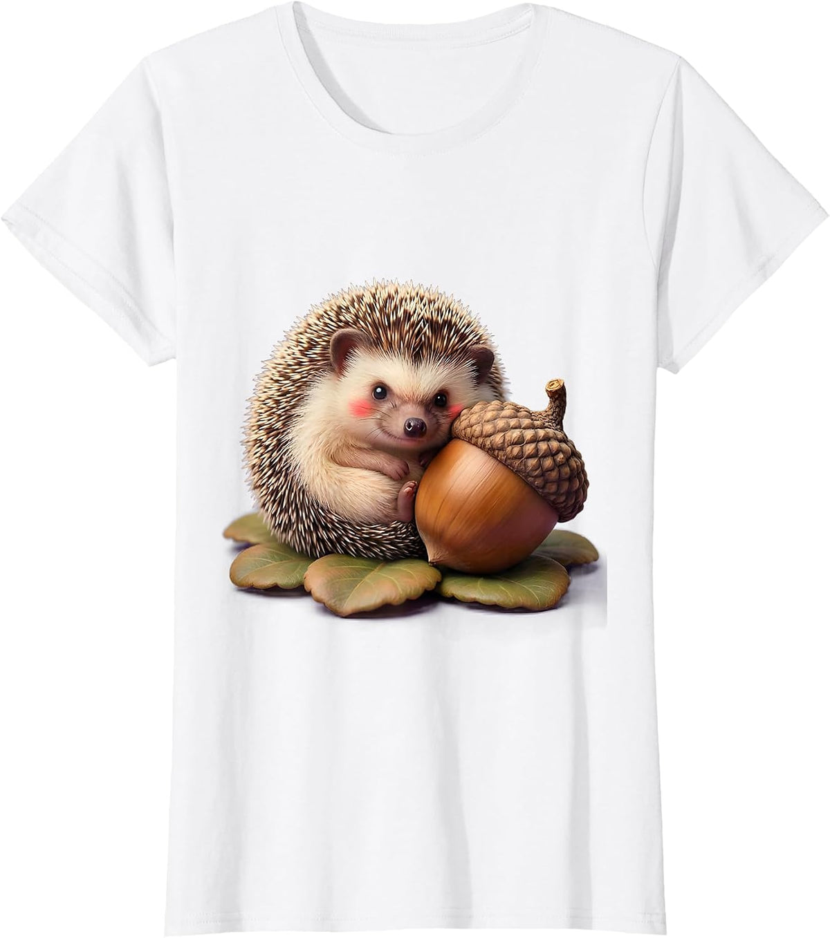 Women's Kawaii Hedgehog and Acorn Cute Forest Design T-Shirt - White