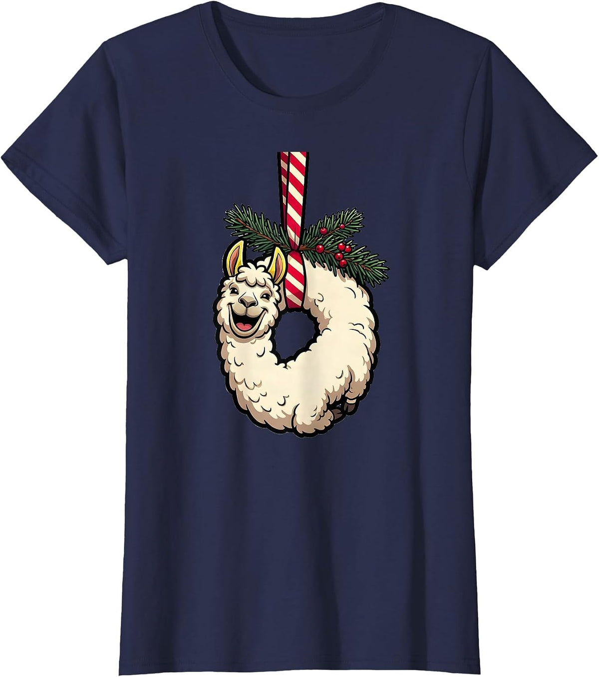Women's Cartoon Llama Hanging Ornament Christmas Animal Lover T-Shirt - Navy Blue