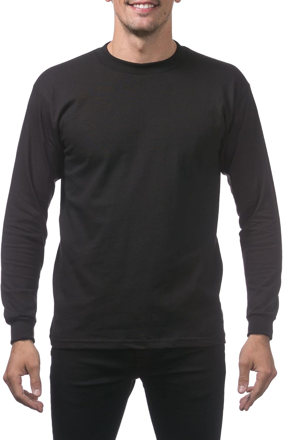 Pro Club Men's Heavyweight Cotton Long Sleeve Crew Neck T-Shirt - Black