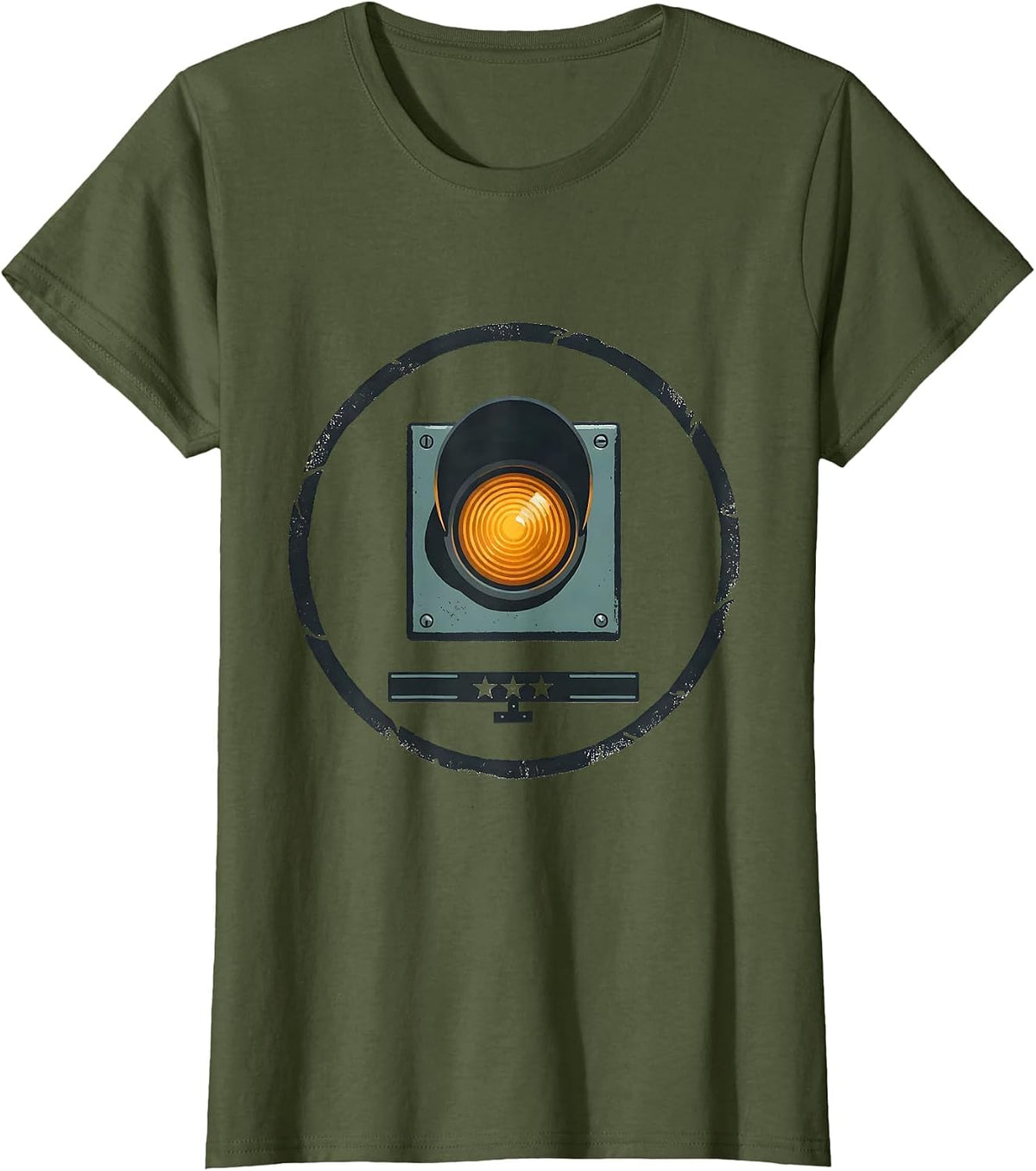Women's Sealed Badge Train Switch Lamp Editorial Conceptual Gift T-Shirt - Olive Green