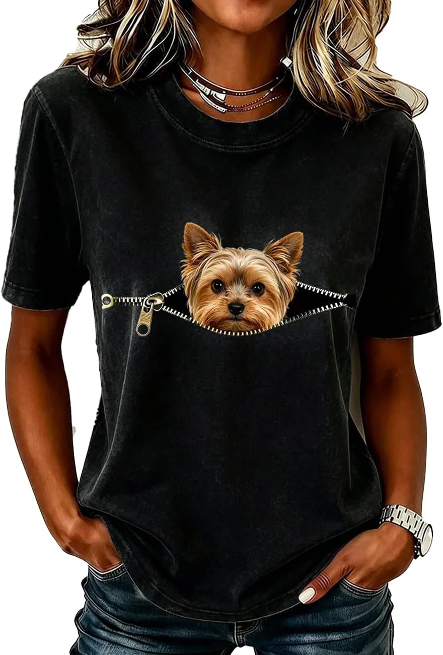 Women's Funny Lovely Yorkshire Terrier Zipper Animal Lovers Printed T-Shirt - Black