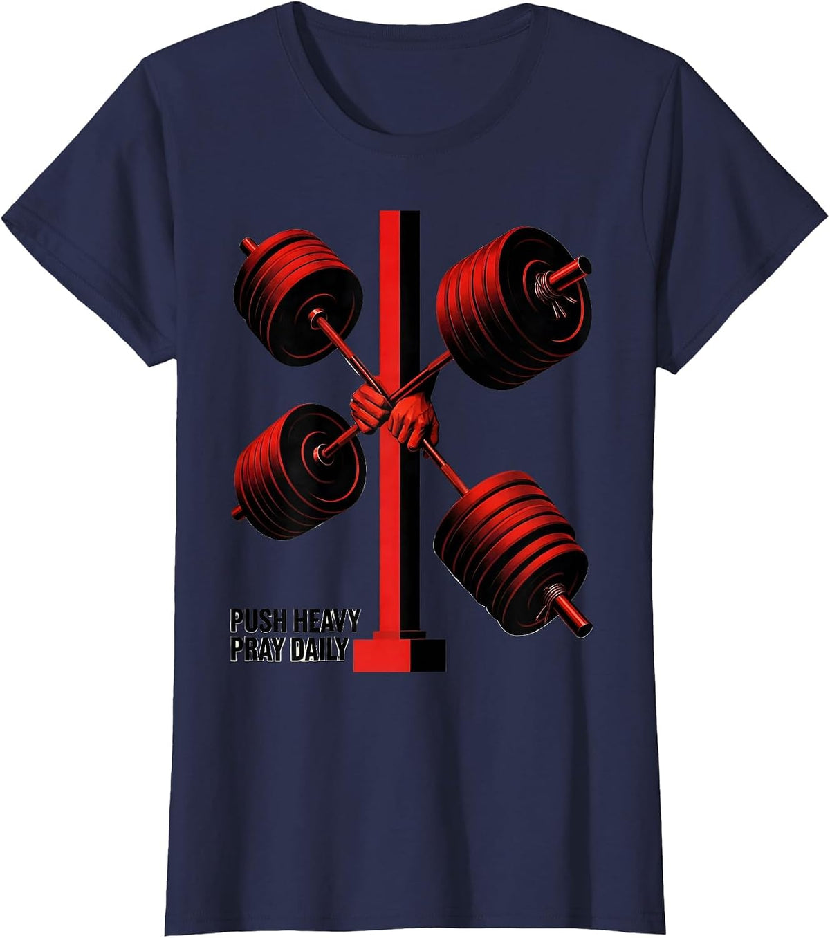 Women's Push Heavy Pray Daily Faith-Driven Gym Motivation Christian T-Shirt - Navy Blue