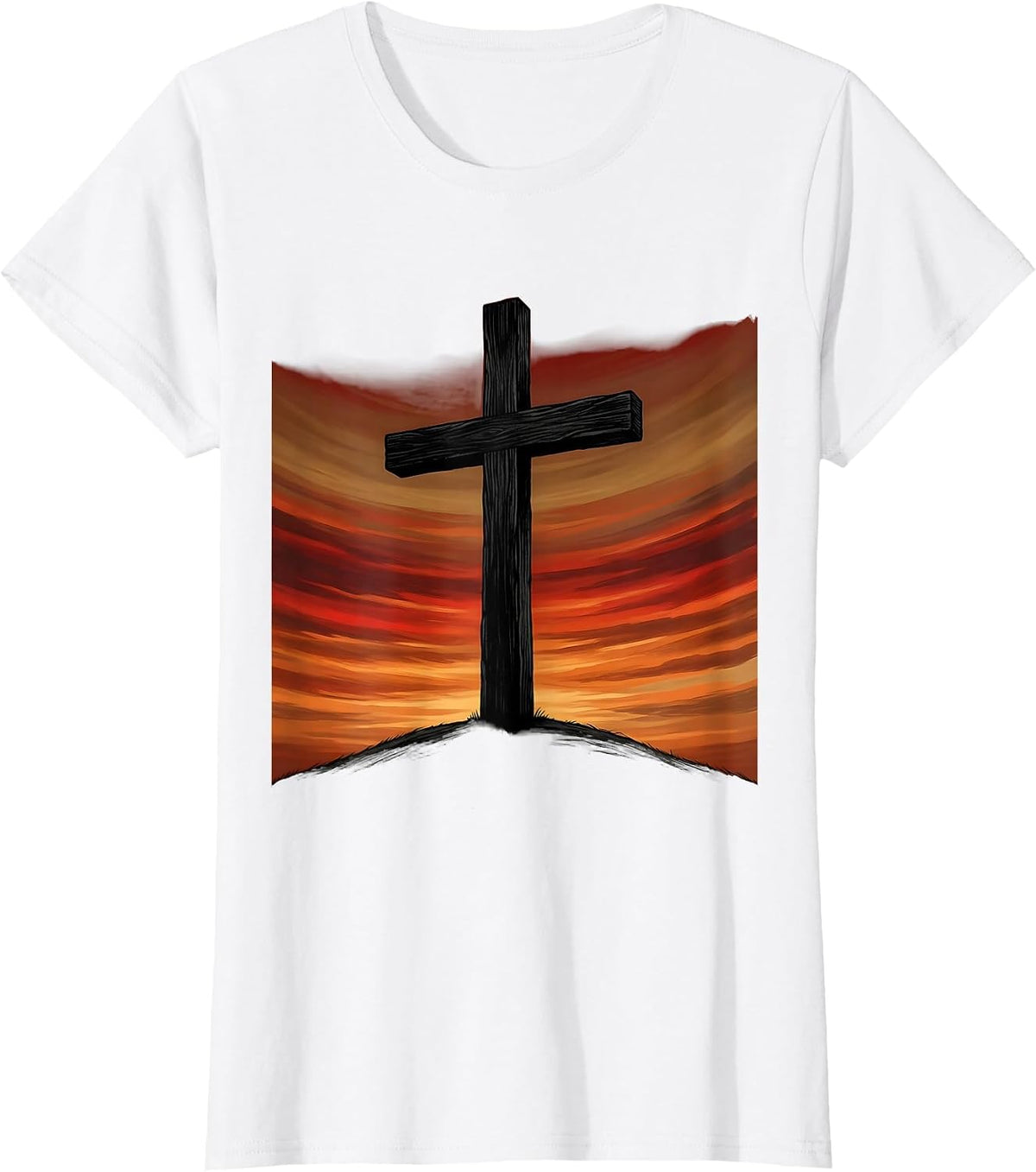 Cross Silhouette Blood Red Sunset Sky Jesus T-Shirt - White