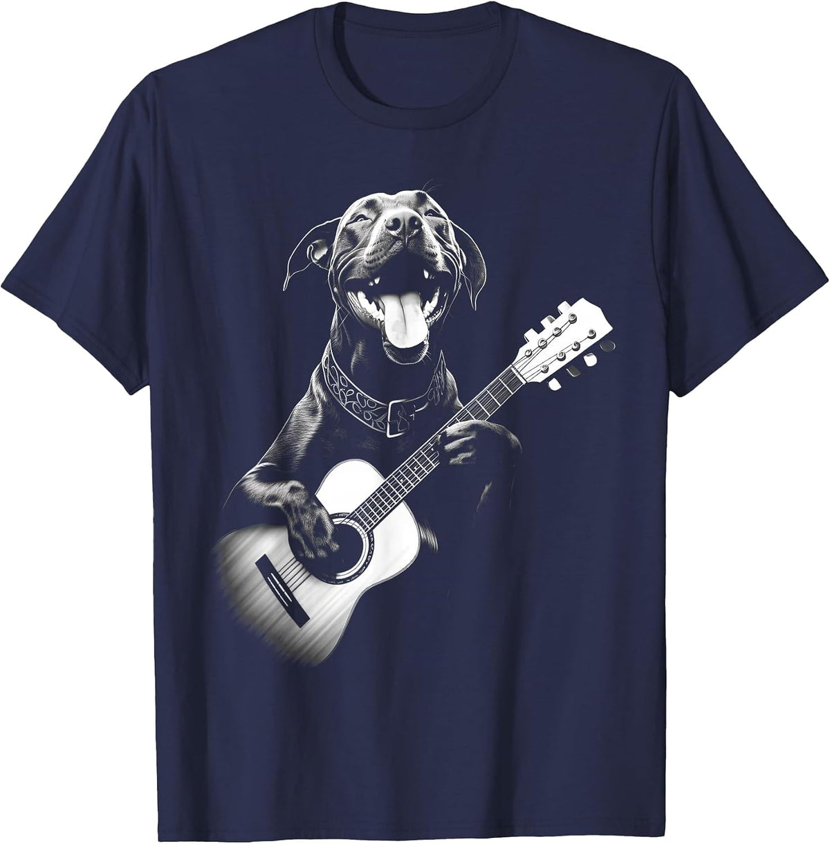 American Pitbull Playing Guitar - Funny Guitar Dog T-Shirt - Navy Blue