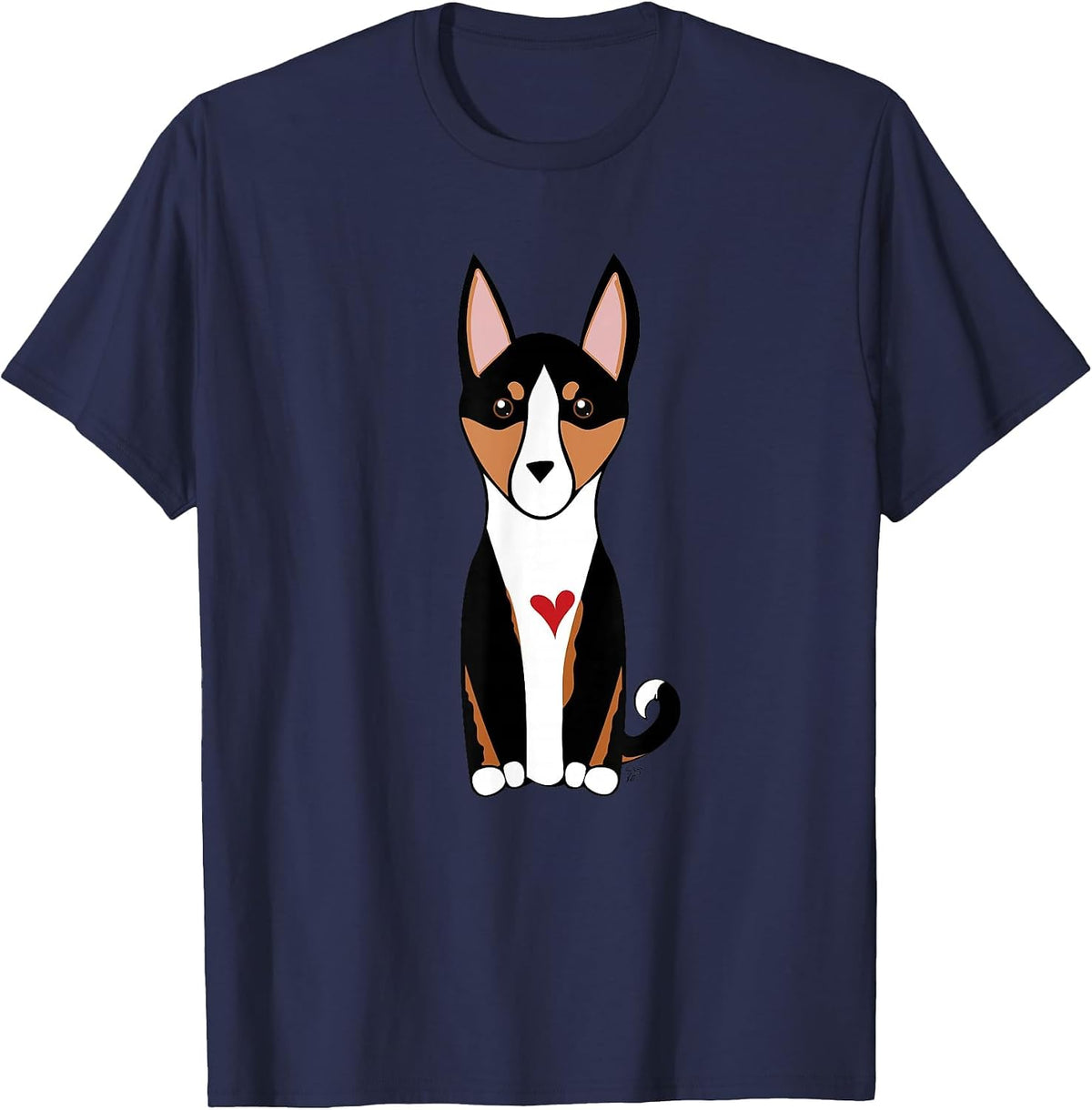 Tricolor Basenji Dog Hound Breed with a Red Heart T-Shirt - Navy Blue