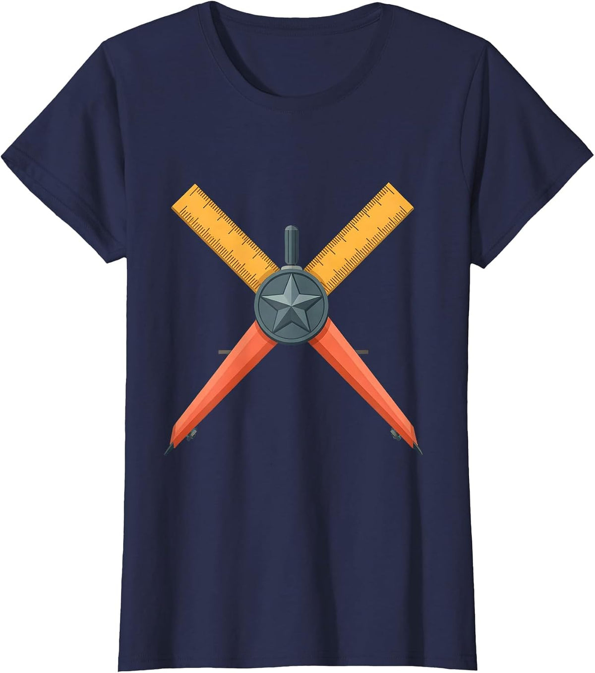 Women's 5th Grade Teacher Ruler Compass Crossed Design T-Shirt - Navy Blue