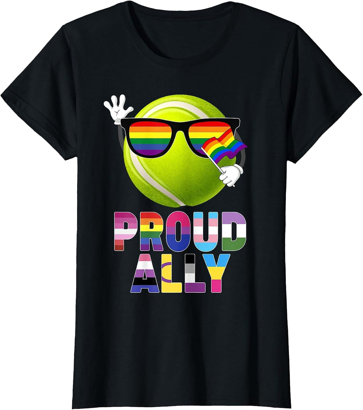 Proud Ally Tennis Ball Rainbow Flag Gay Lesbian LGBT Pride T-Shirt - Black