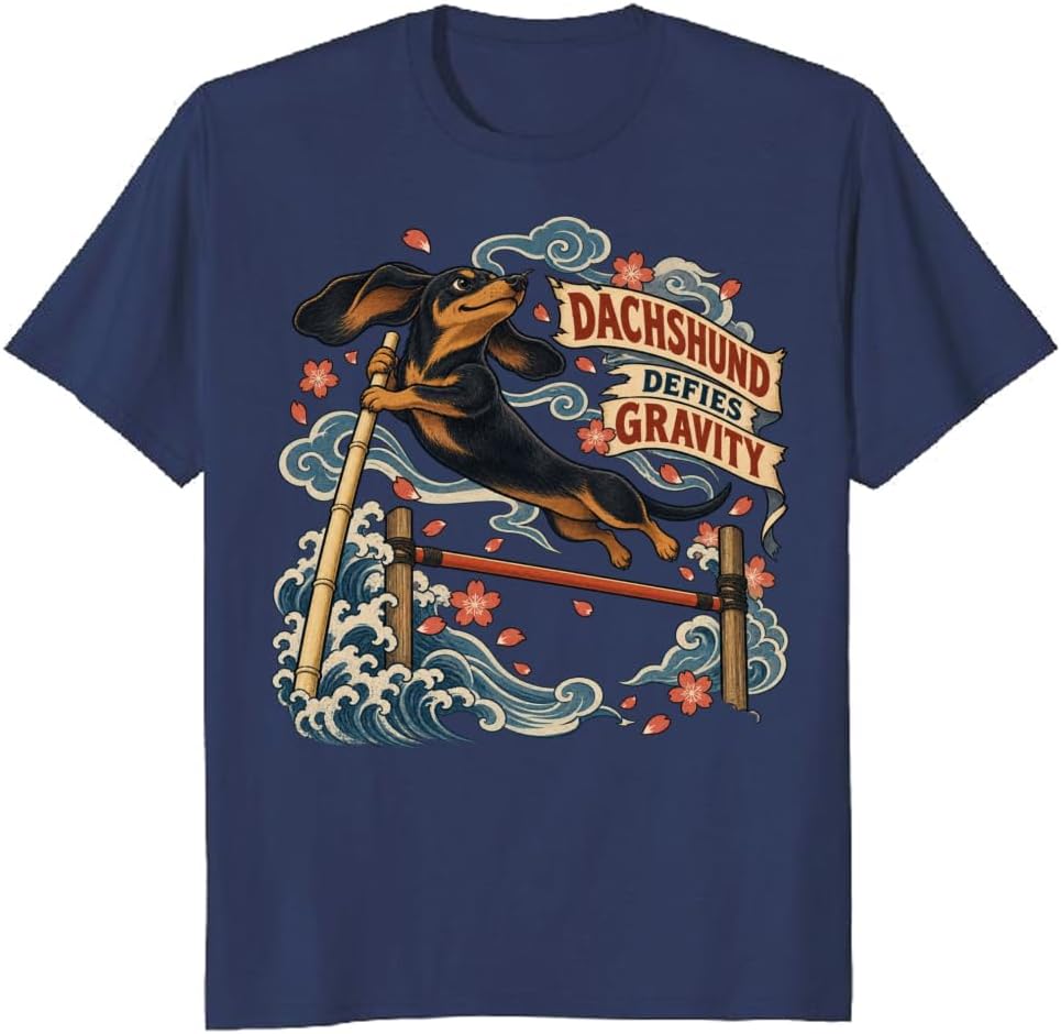 Ukiyo-e Dachshund Pole Vault T-Shirt Dog Lover Graphic Tee - S6