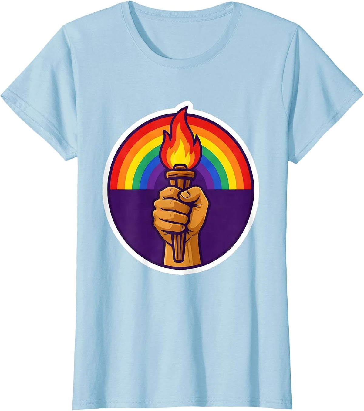 Pride Rainbow Torch Raised Fist Illustration T-Shirt - Baby Blue