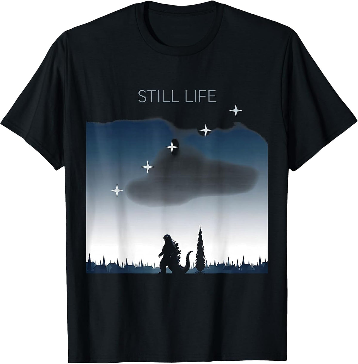 Men's Still Life Minimalist Kaiju Van Gogh Starry Night Art Parody T-Shirt - Black