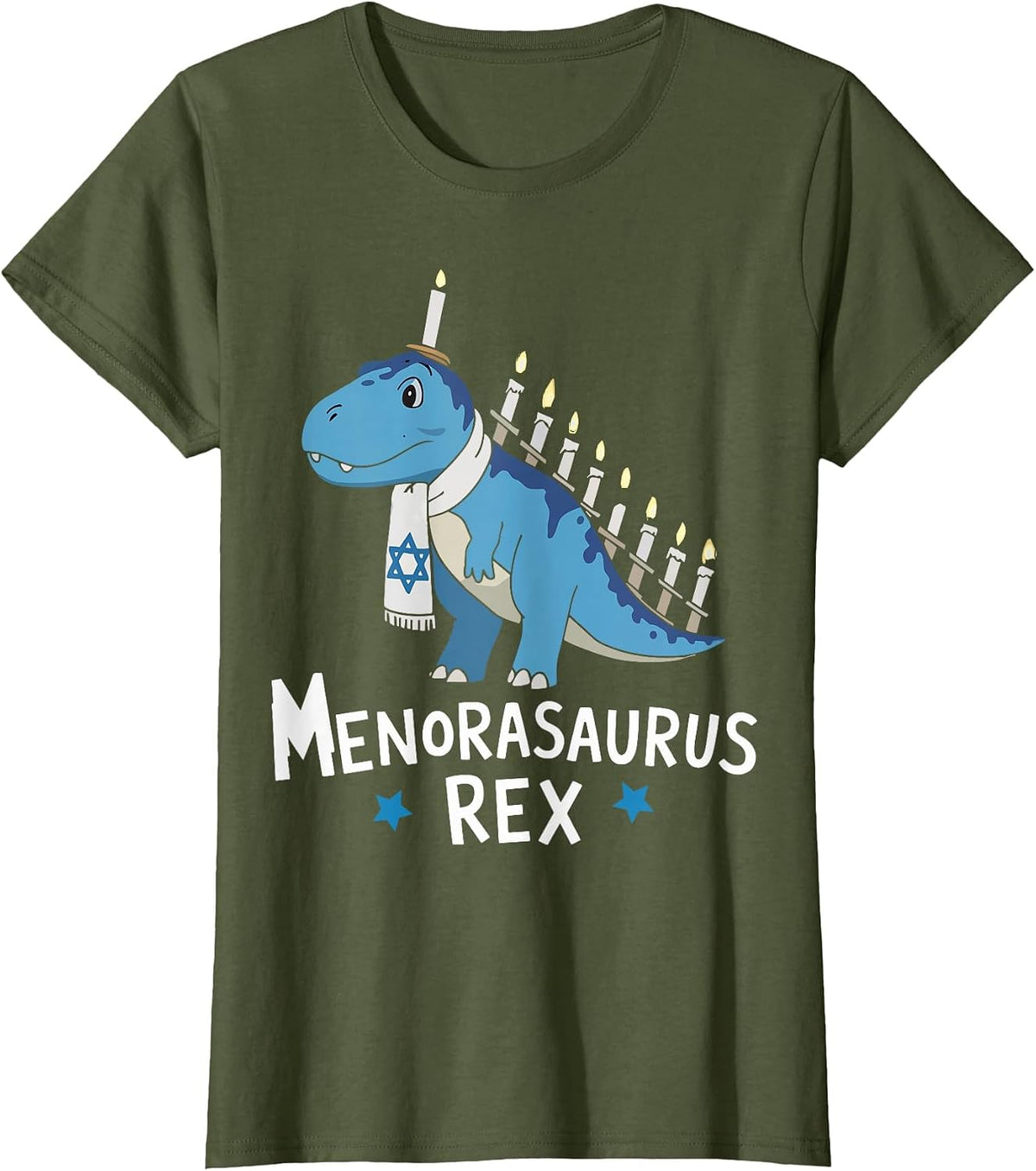 Hanukkah Dinosaur Menorasaurus T Rex Dino T-Shirt - Olive Green