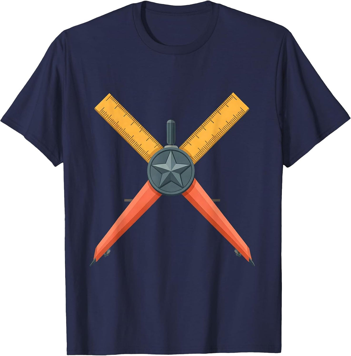 Men's 5th Grade Teacher Ruler Compass Crossed Design T-Shirt - Navy Blue