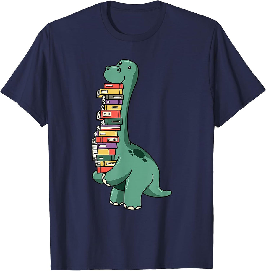 Dinosaur Reading Reader Nerd Brain Food Librarian Shirt T-Shirt - Navy Blue