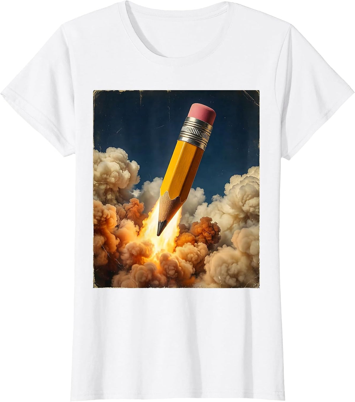 4th Grade Teacher Pencil Rocket Ship Blasting Clouds T-Shirt - White