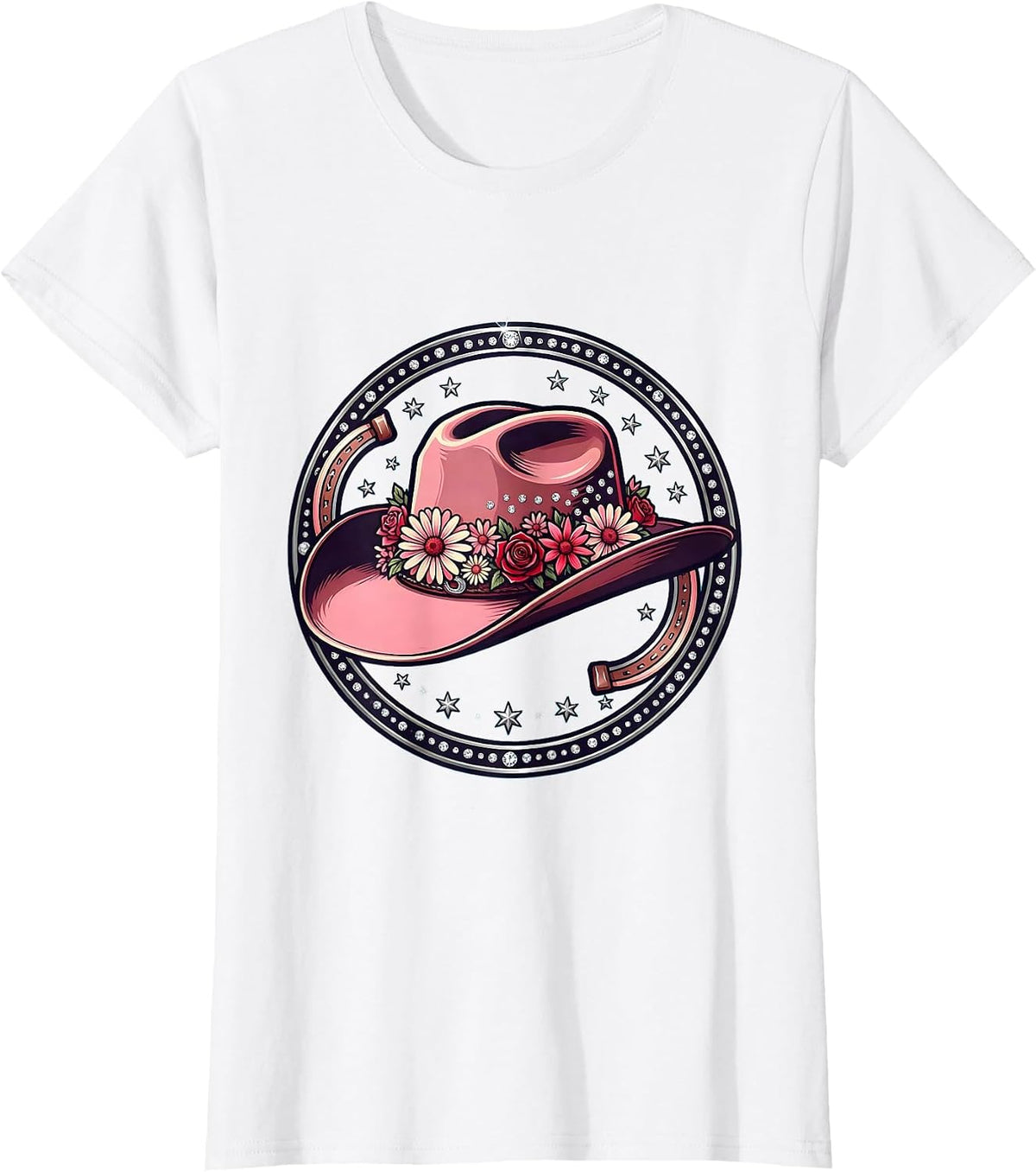 Cowgirl Wildflower Hat Rodeo Illustration T-Shirt - White