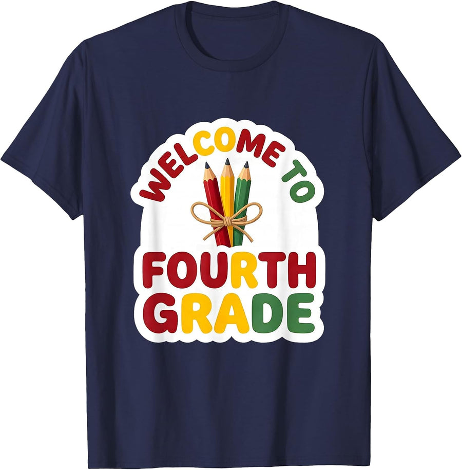 Welcome To Fourth Grade Sticker Funny Teacher Crew Back T-Shirt - Navy Blue