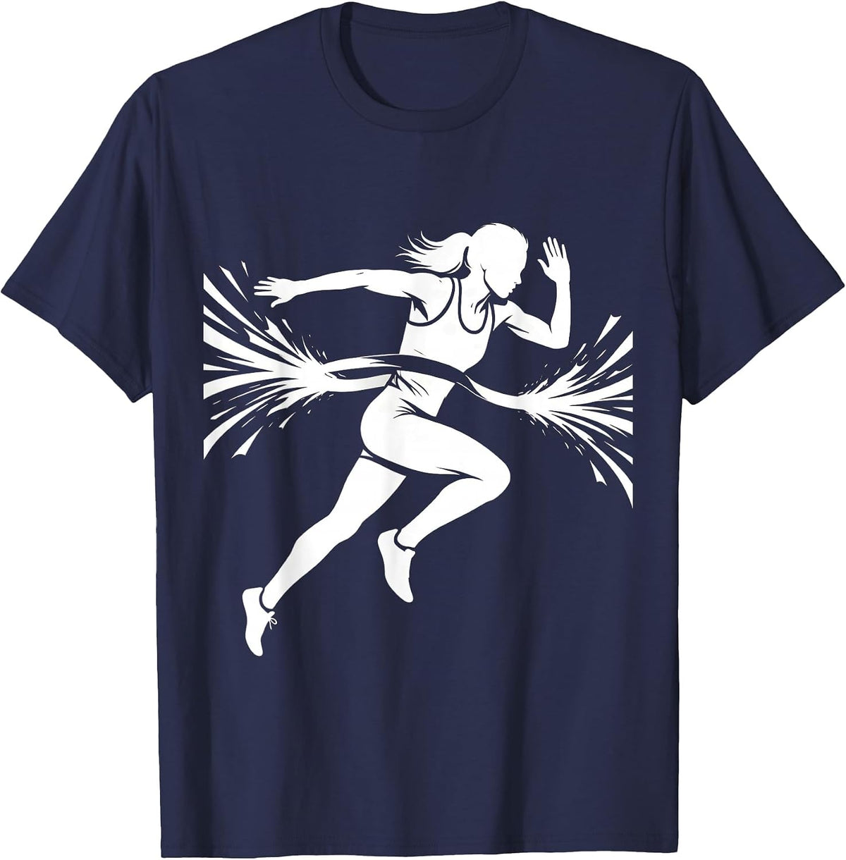 Woman Sprinter Bursting Through Finish Line T-Shirt - Navy Blue