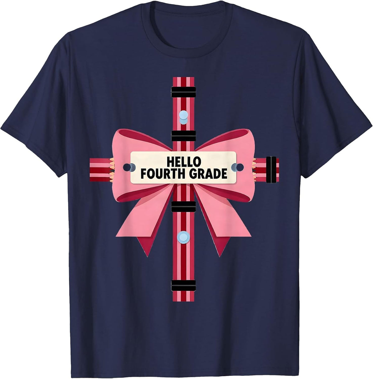 Hello Fourth Grade Coquette Bow Back To School Teacher Girl T-Shirt - Navy Blue
