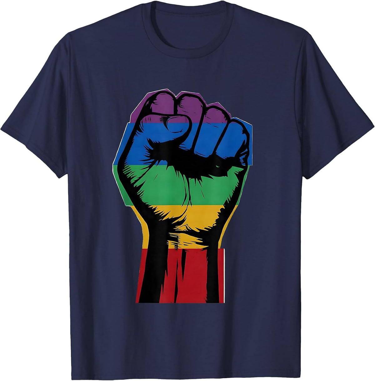Men's Rainbow Raised Fist Pride and Unity Graphic T-Shirt - Navy Blue