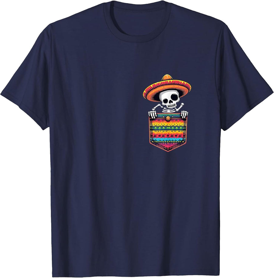Pocket Cinco De Mayo Serape Party Skeleton Mariachi Mexican T-Shirt - Navy Blue